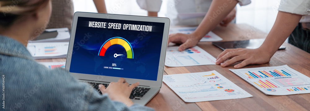 Aufkleber computer software evaluating website loading speed. concept of improving website loading speed brisk