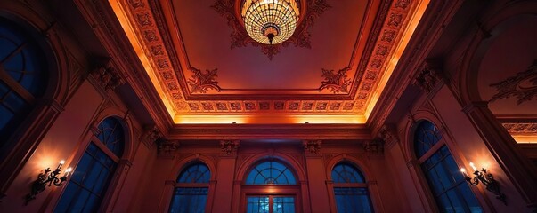 Intricate ceiling details bathed in soft nighttime light, creating a dramatic and elegant atmosphere Perfect for interior design, architecture, or home decor projects , perspective, upper