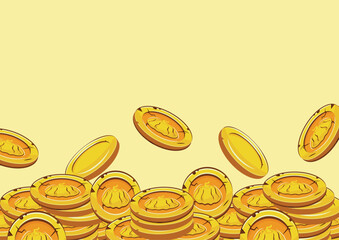 horizontal poster with vector yellow coins presented individually and in stacks of different sizes with autumn design of round pumpkin on yellow background, for mobile games, virtual currency or casin