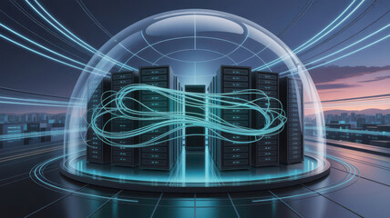 Data center servers enclosed in a protective dome with glowing data lines, symbolizing data security and protection