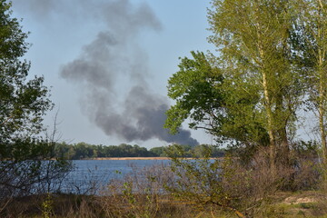 Smoke from a fire on the shore of a lake in spring