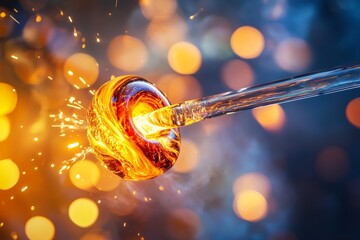Molten glass swirling on rod with glowing sparks