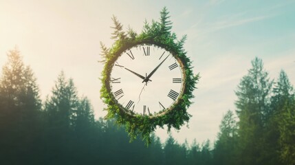 Analog clock with broken hour hand floating over green forest. Rejecting Clock Changes for Stable Human Rhythms and Environmental Harmony