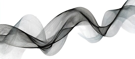Abstract design featuring flowing, black and gray lines creating dynamic waves against a white background.