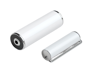 Two cylindrical white objects, one larger than the other, with metallic accents
