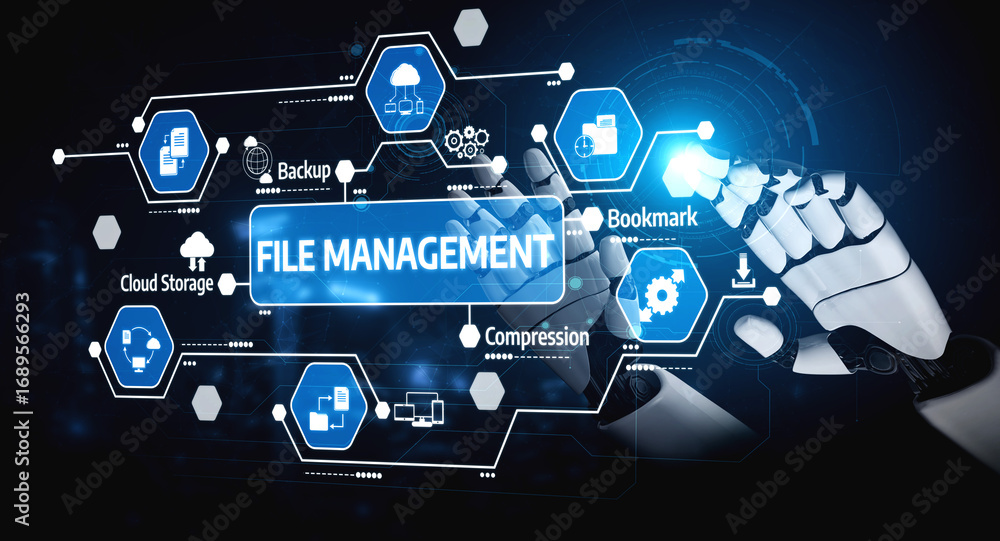 Poster a robotic hand interacts with a digital file management system featuring icons for cloud storage, da
