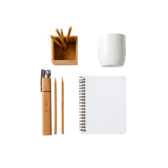 Flat Lay of Sustainable Bamboo Stationery and White Mug on Black Background
