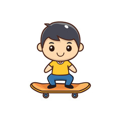 A cute cartoon illustration of a boy skateboarding. The boy is wearing a yellow shirt and blue pants, with black hair and is enjoying skateboarding 