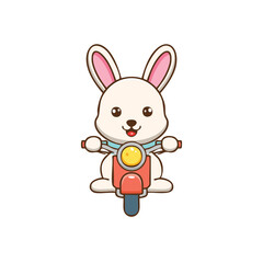 A cute cartoon bunny riding a scooter, a fun and whimsical illustration. The bunny is depicted with adorable features and is riding a red scooter