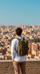 Backpacker Overlooking a Sprawling Cityscape.
