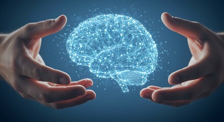 Hands Holding Digital Brain Network Symbolizing Artificial Intelligence and Innovation.