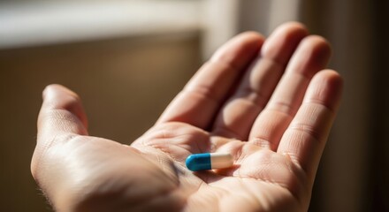 A Single Blue and White Capsule Rests in the Palm of a Hand