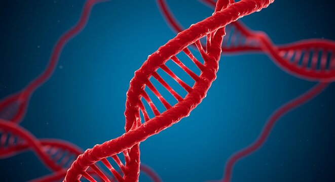 Detailed 3D rendering of a red DNA double helix molecule on a blue background.