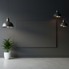 Modern minimalist room interior with dark gray wall, blank canvas, hanging lamps, and potted plant.