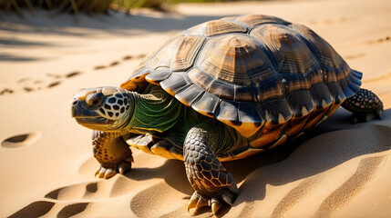 Close-Up of a Majestic Tortoise Crawling on Sunlit Sandy Terrain with Detailed Shell Patterns and Natural Green Background