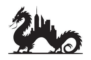 Silhouette of a dragon guarding a city skyline