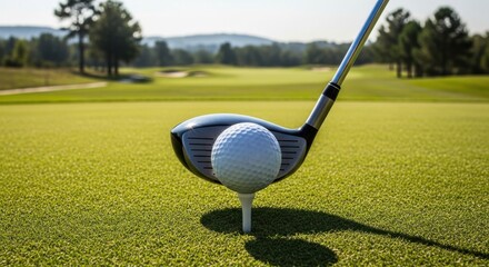Golf club ready to strike the ball on the tee box on a sunny day