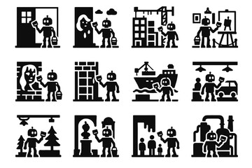 Obraz premium Icons warehouse wall gallery vector plant painter robot icon set outdoor room