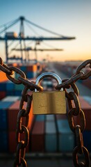 Container Ship Locked with Padlock and Chains at Sunset.