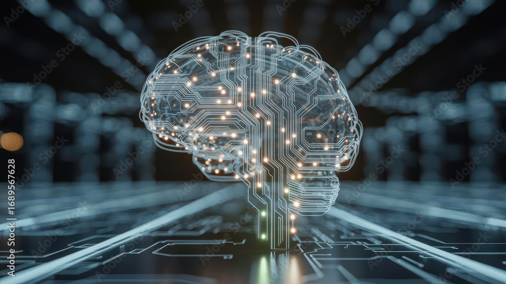 Poster closeup of a transparent, glowing digital brain with intricate circuits and illuminated nodes, symbo