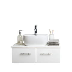 Modern White Bathroom Vanity with Sink, Soap Dispenser, and Towels