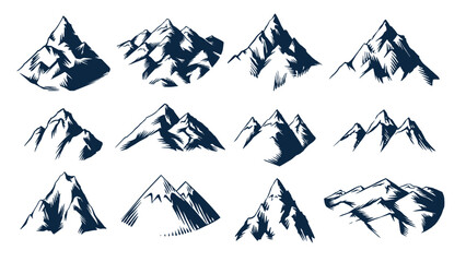 Fototapeta premium Mountain emblem or icons set. Hand drawn frozen peaks for your design, water bottle, expeditions, adventure and lifestyle business. Explore hills and woods. For clothing