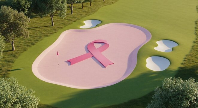 Pink Ribbon Symbolizing Breast Cancer Awareness on a Golf Course Bunker