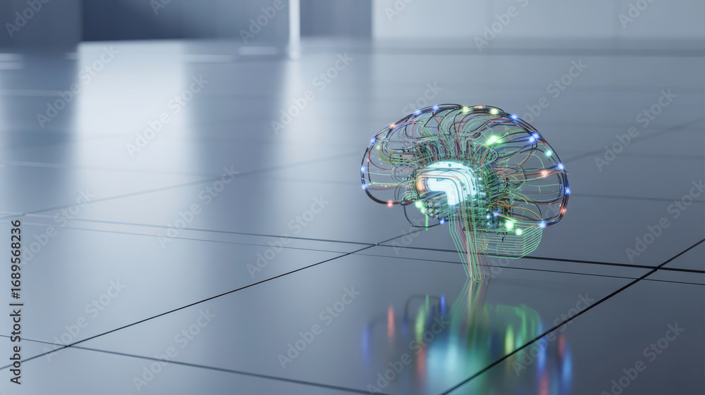 Aufkleber abstract digital brain with glowing circuits and colorful lights, representing artificial intelligen