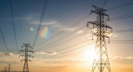 Fototapeta premium Towering Power Lines Carry Electricity Across the Expansive Landscape at Sunset