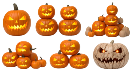 Collection of carved halloween pumpkins with glowing faces, isolated on transparent background
