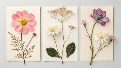 Obraz premium Pressed flower flat lay captures the delicate beauty of nature in a minimalist arrangement on a soft neutral background