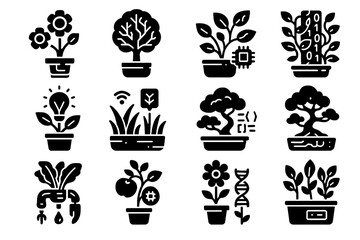 Hydroponic vector cyber icons led grass automated blooming flowers icon herb trees