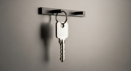 Single silver key hanging on a wall mounted hook casting a shadow
