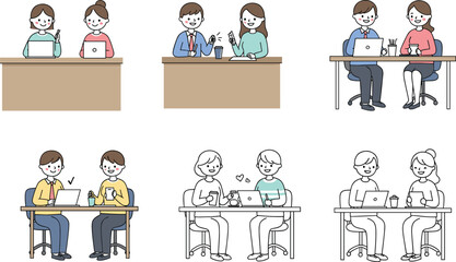 Coworkers using laptops, having coffee, working together in office, friendly team interaction, casual meeting, collaboration, digital workspace, teamwork scene