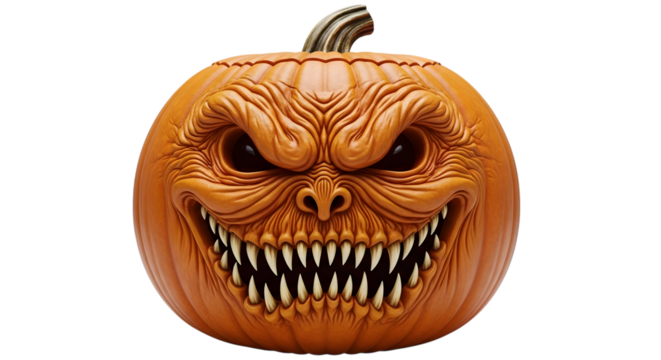 A scary, carved halloween pumpkin with a menacing face and sharp teeth, isolated on transparent background
