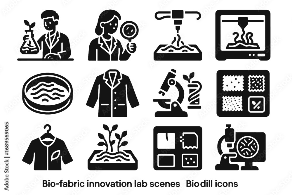 Poster sample icon fabric innovation microscope bio scan assistant growing biodegradable vector