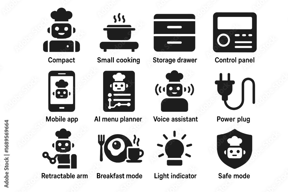 Poster drawer app robot plug icon chef icons breakfast light arm plate vector