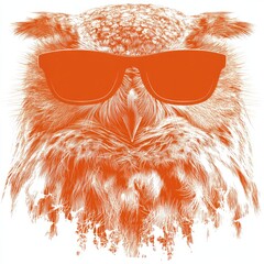 A stylized, close-up portrayal of an owl, wearing orange sunglasses, against a white background with a textured, splattered effect.