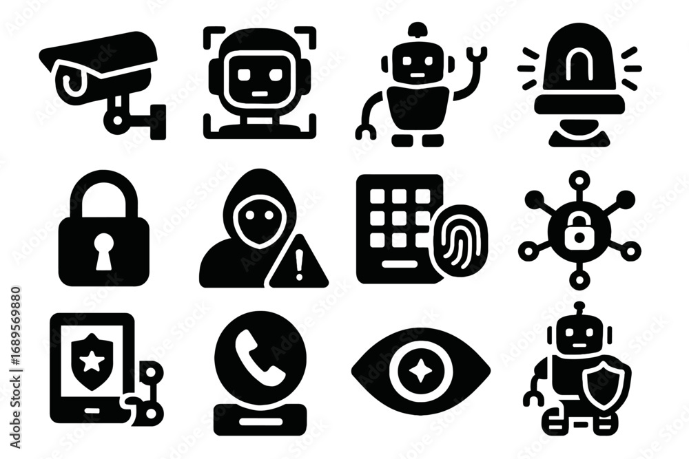 Poster emergency motion button lock icon face robot alert security vector secure icons