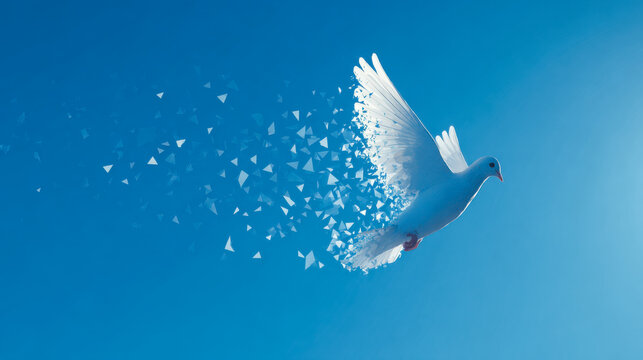 White dove dissolving into flying triangles symbolizing peace and freedom