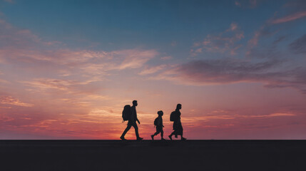 Fototapeta premium Silhouette of family walking at sunset with colorful pink and blue sky