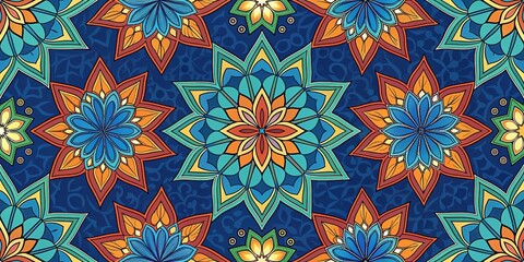 Bright and colorful seamless pattern inspired by stained glass designs showcasing intricate floral motifs and vibrant hues