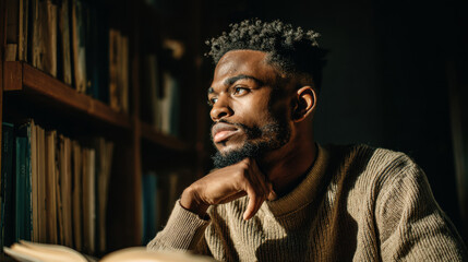 Thoughtful man reading book in library with warm sunlight and deep contemplation