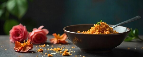 Empty bowl, half-eaten meal, wilted flowers, dim lighting conveying feelings of emptiness, sadness, and lack of appetite associated with depression , unhealthy, light