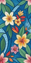 Captivating colorful bright pattern inspired by stained glass art showcasing vibrant flowers and lush leaves