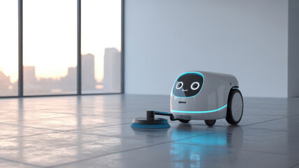 A small, cute autonomous cleaning robot with a friendly face and blue led lights is mopping a polished floor, leaving a clean trail behind it in a spacious, modern room with large windows