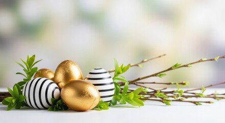 Decorative Easter Eggs with Spring Greens and Branches on White Surface