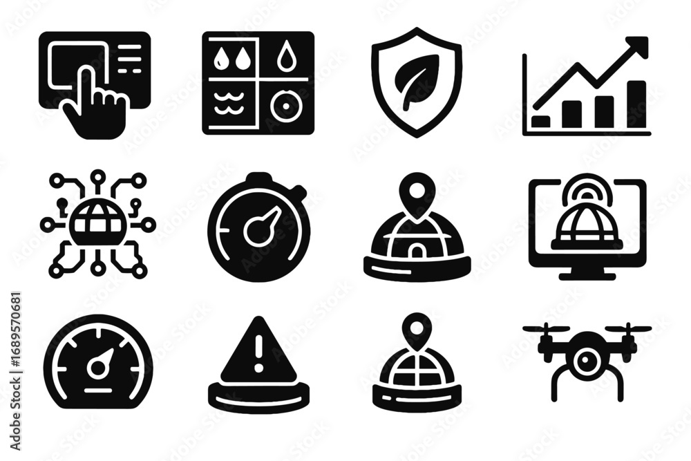 Poster bio icon node ai vector habitat drone access icons dome camera panel