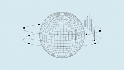 Wireframe globe with orbiting data points and a rising bar chart, symbolizing data analysis, global trends, and digital information exchange