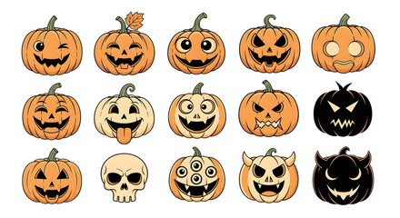 A collection of various carved halloween pumpkins with different spooky and funny faces, some are traditional jackolanterns and others are more monstrous isolated on transparent background